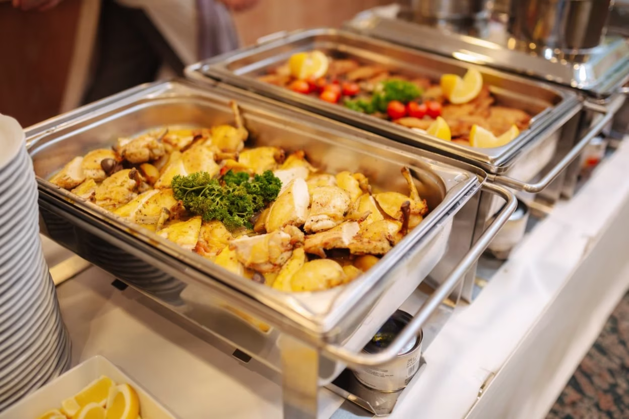 Warm catering trays and roasted dishes