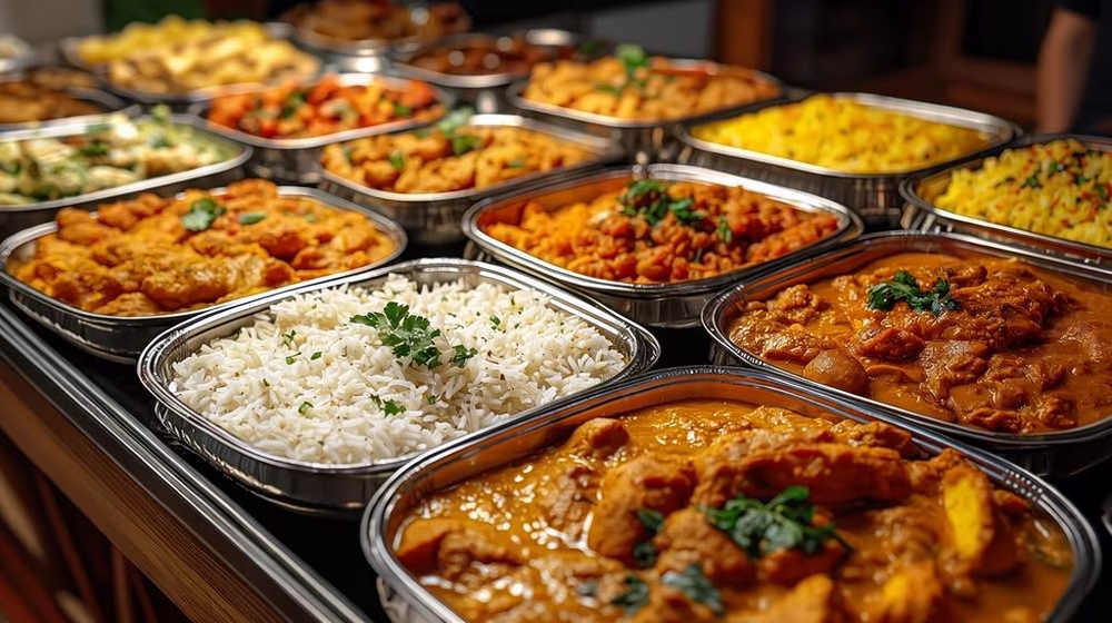Spread of authentic Durban curries and traditional dishes in catering trays
