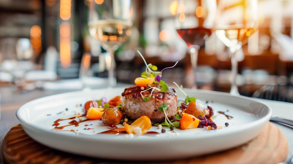 Fine dining entrée with wine pairing